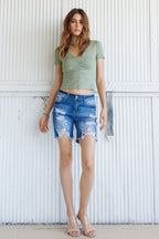 High Rise Destructed Bermuda Denim Shorts