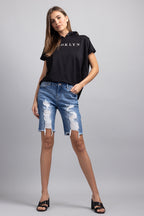 Mid Rise Heavy Destructed Bermuda Denim Shorts