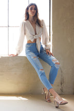 High Rise Destructed Faded Skinny Jeans