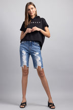 Mid Rise Heavy Destructed Bermuda Denim Shorts