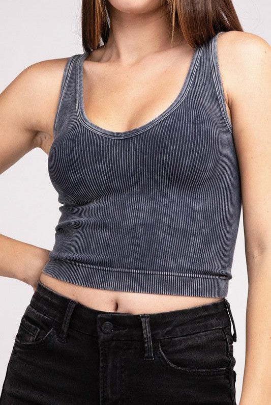 Women's Shirts 2 Way Neckline Washed Ribbed Cropped Tank Top