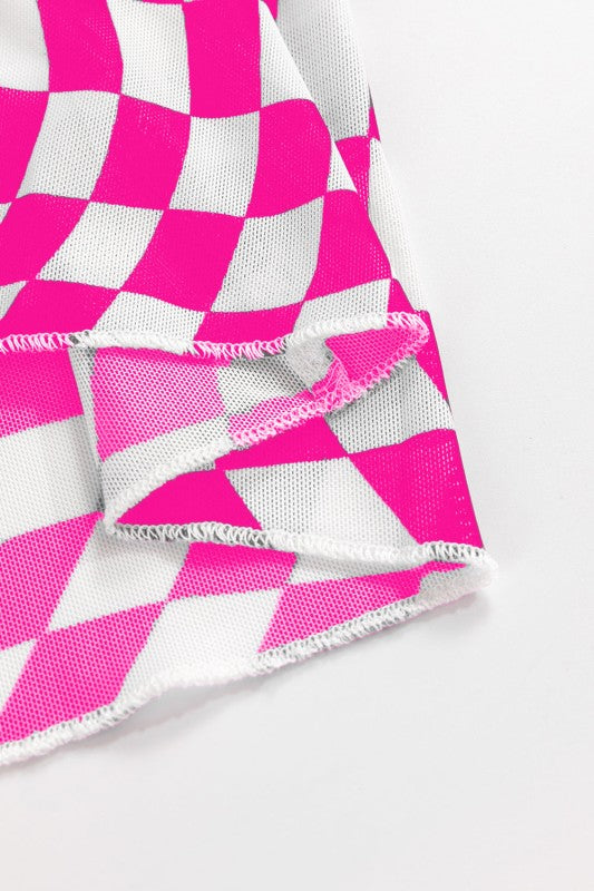 Close-up of JUNIPER BLVD long sleeve checkerboard shirt women in pink and white pattern