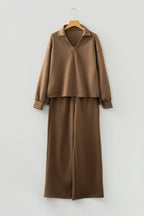 Solid V-Neck Top and High Waist Pants Set