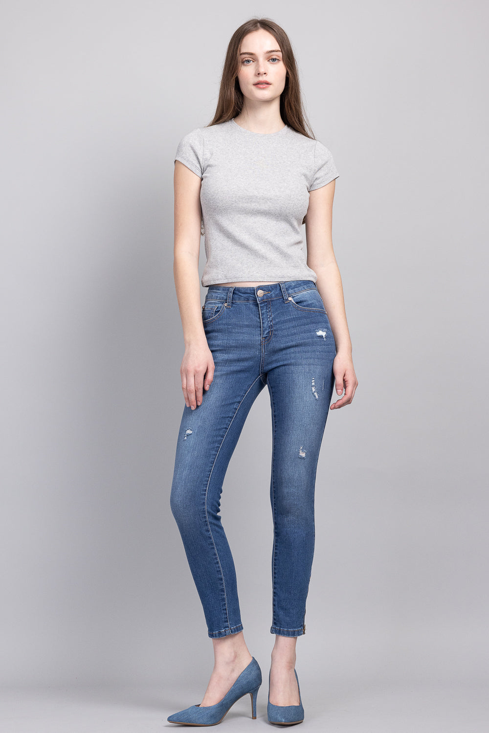 Women's Skinny Pants Jeans with Vintage Wash Finish