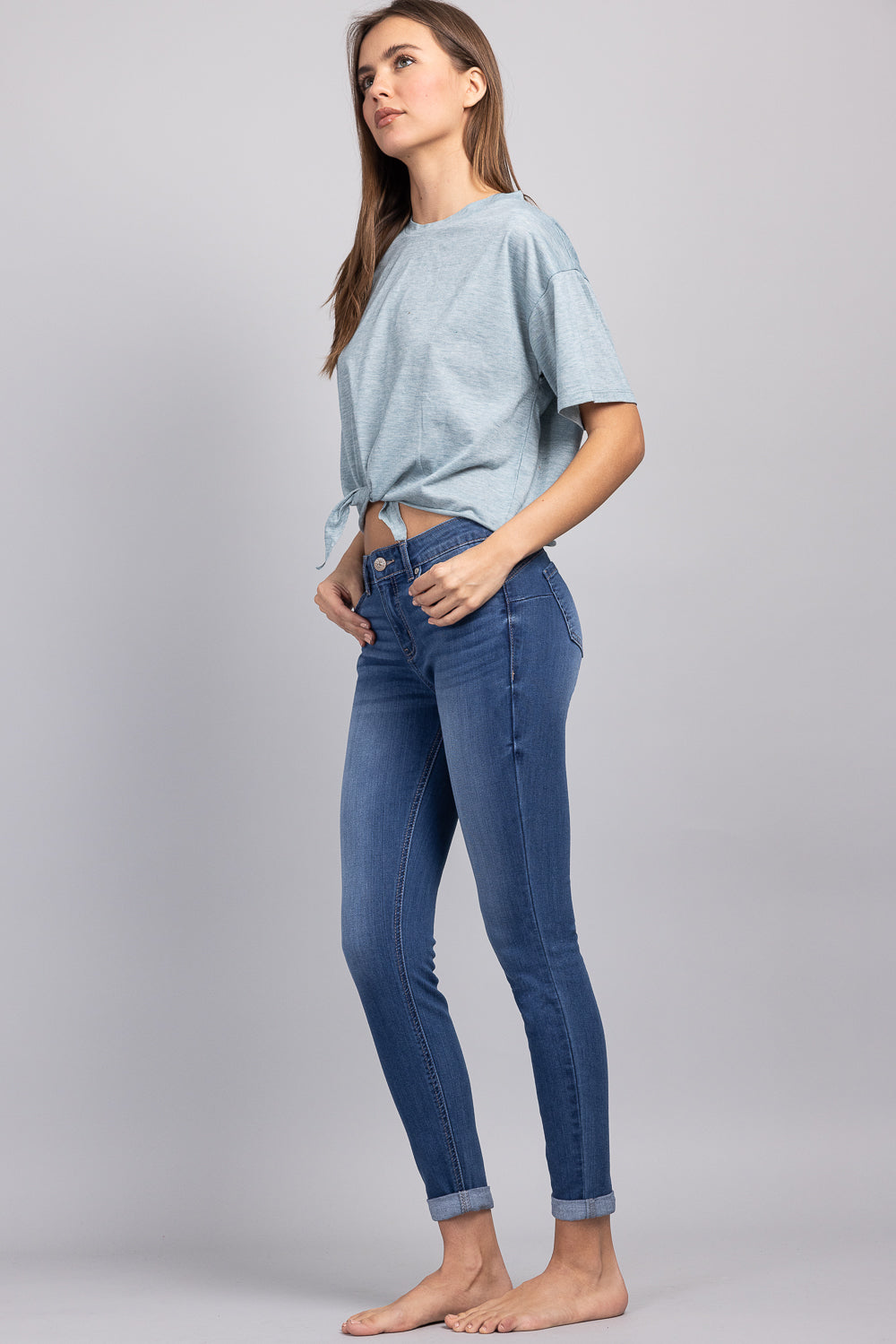 Mid Rise Push Up Ankle Skinny Jeans