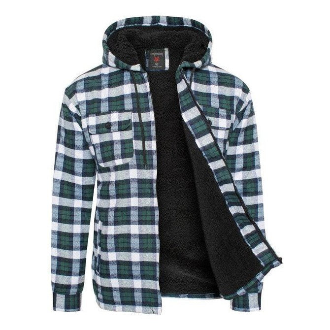 Men's Flannel Sherpa Lined Jacket with Hood - VacationGrabs