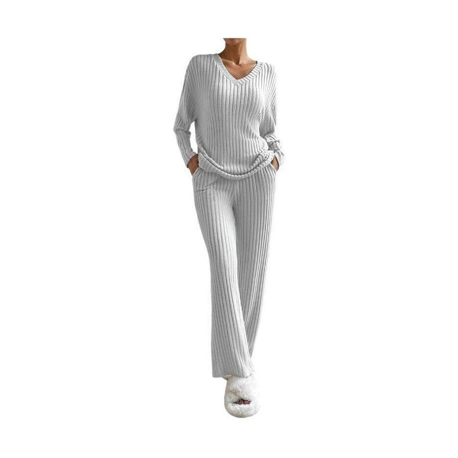 Women Ribbed Knit V Neck Slouchy Two-piece Outfit - VacationGrabs