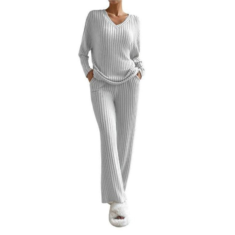 Women Ribbed Knit V Neck Slouchy Two-piece Outfit - VacationGrabs