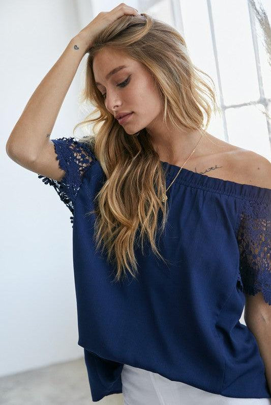 Women's Shirts Crochet Lace Sleeveless Accent Off Shoulder Top