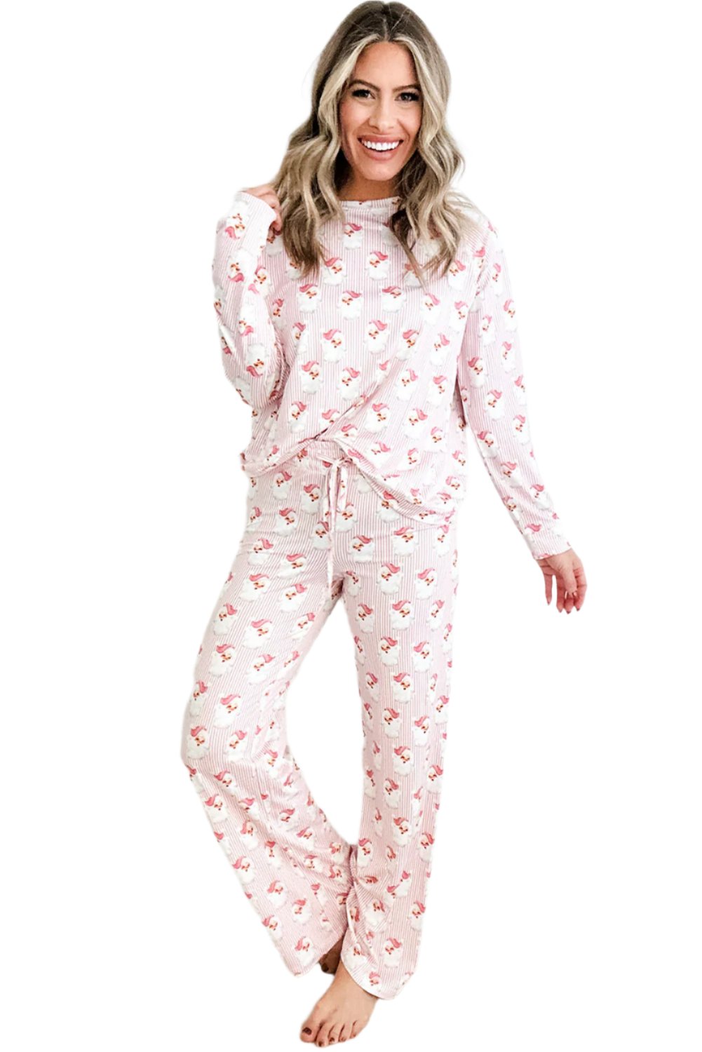 Women's Sleepwear/LoungewearPink Santa Claus Striped Print Loose Fit Two Piece Lounge - VacationGrabs