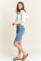 Mid Rise 5 Pocket Bermuda Denim Shorts