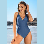 Ruched Bathing Suits Strappy V Neck Monokini - VacationGrabs