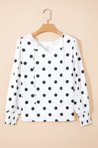 Polka Dot Frilled Long Sleeve Round Neck Blouse
