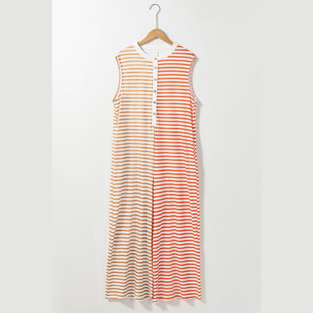 Orange Stripe Oversized Buttoned Front Sleeveless Wide Leg Jumpsuit - VacationGrabs