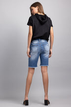 Mid Rise Heavy Destructed Bermuda Denim Shorts