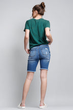 Mid Rise Heavy Destructed Bermuda Denim Shorts