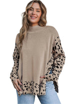 Women's SweatersKhaki Leopard High Neck Side Slit Oversized Sweater - VacationGrabs