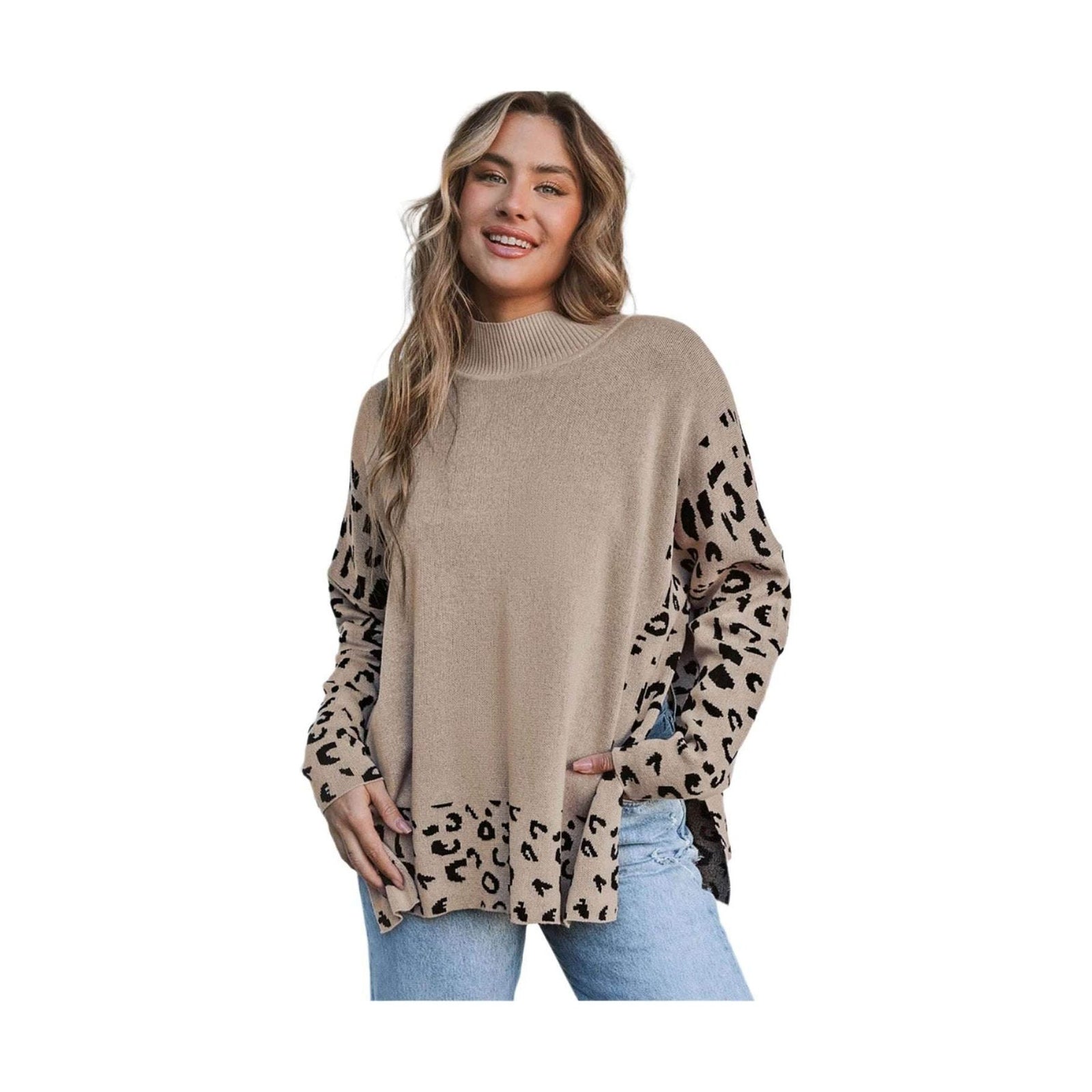 Khaki Leopard High Neck Side Slit Oversized Sweater - VacationGrabs