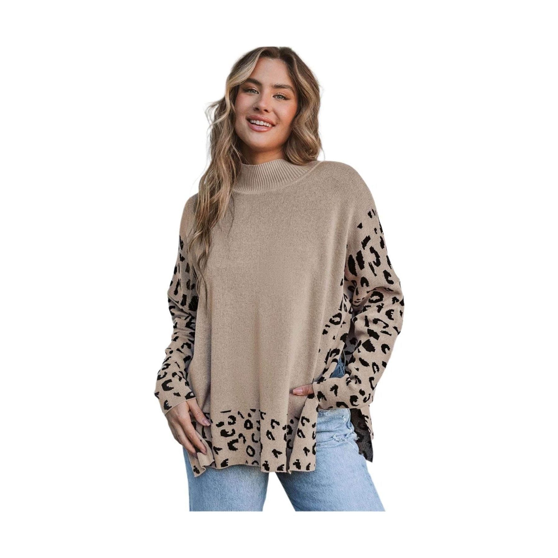 Khaki Leopard High Neck Side Slit Oversized Sweater - VacationGrabs