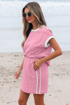 Textured Contrast Trim Crewneck Tee & Pocketed Skirt Set