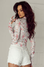JUNIPER BLVD mock neck floral blouse for women with long sleeves and a soft floral print