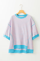 Women's Shirts - T-ShirtsPink Stripe Oversized Contrast Trim Exposed Seam High Low T - VacationGrabs