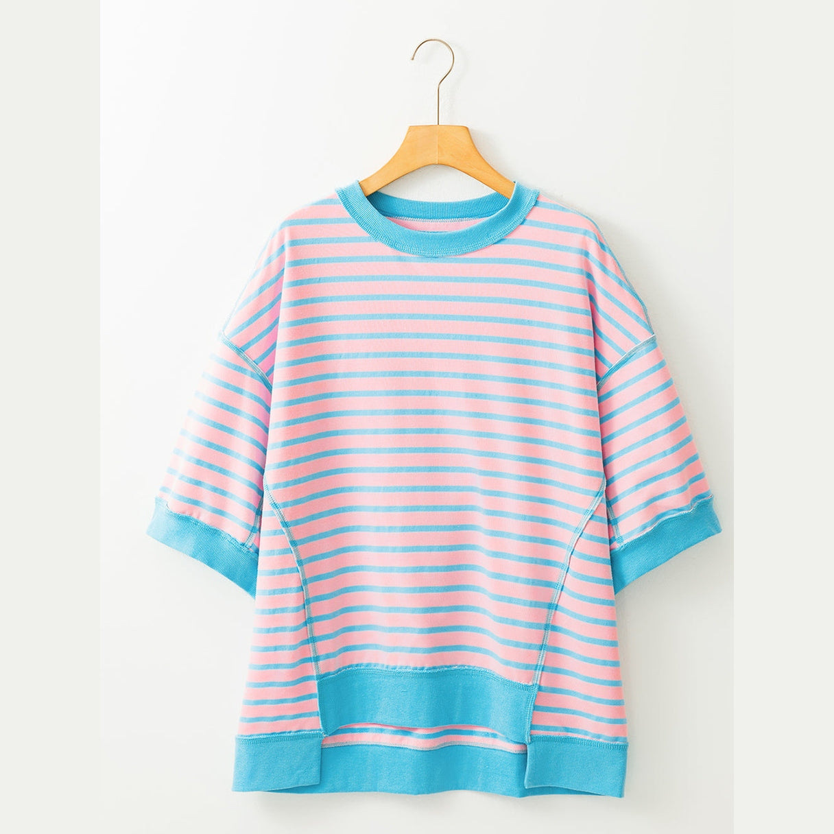Pink Stripe Oversized Contrast Trim Exposed Seam High Low T