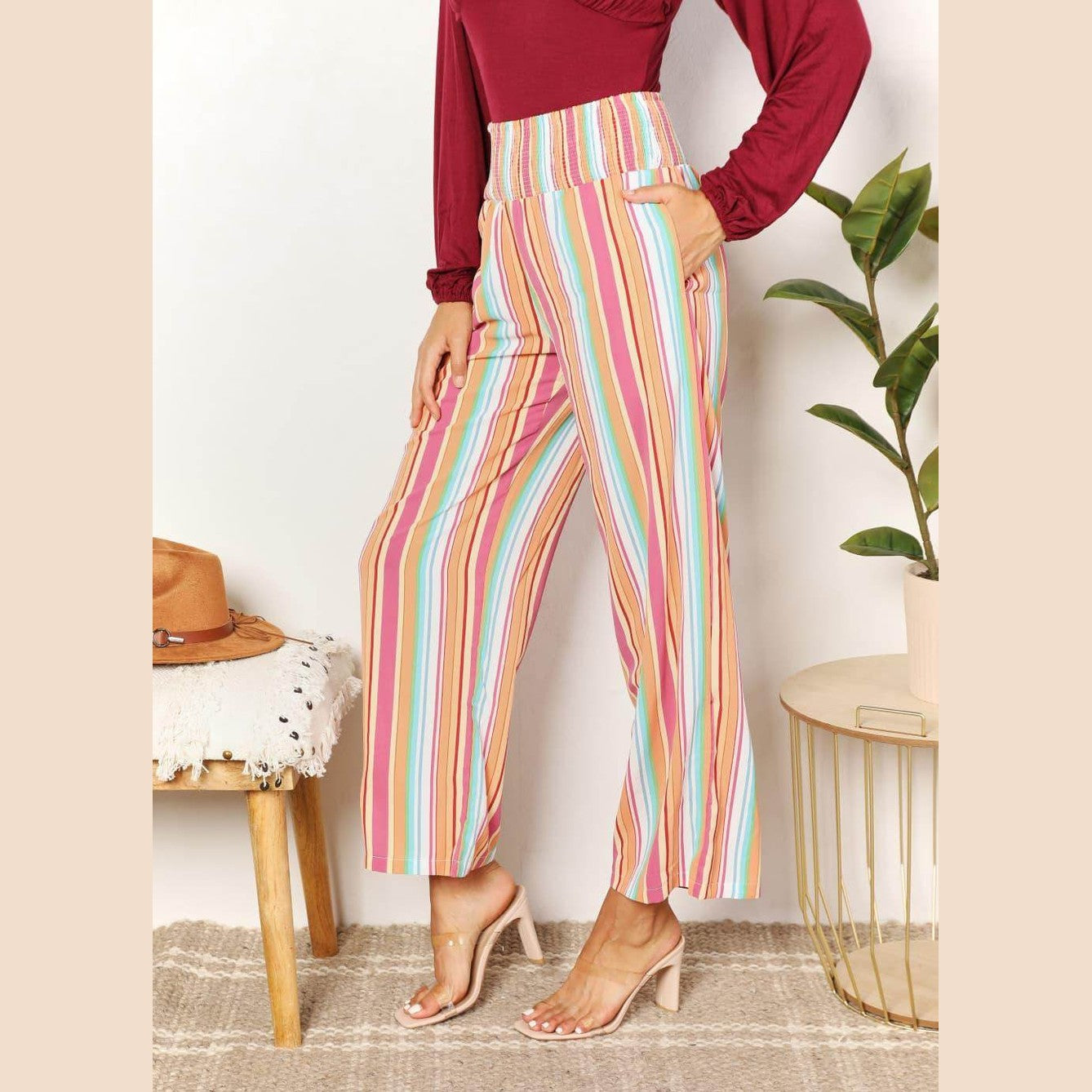 Double Take Striped Smocked Waist Pants with Pockets - VacationGrabs