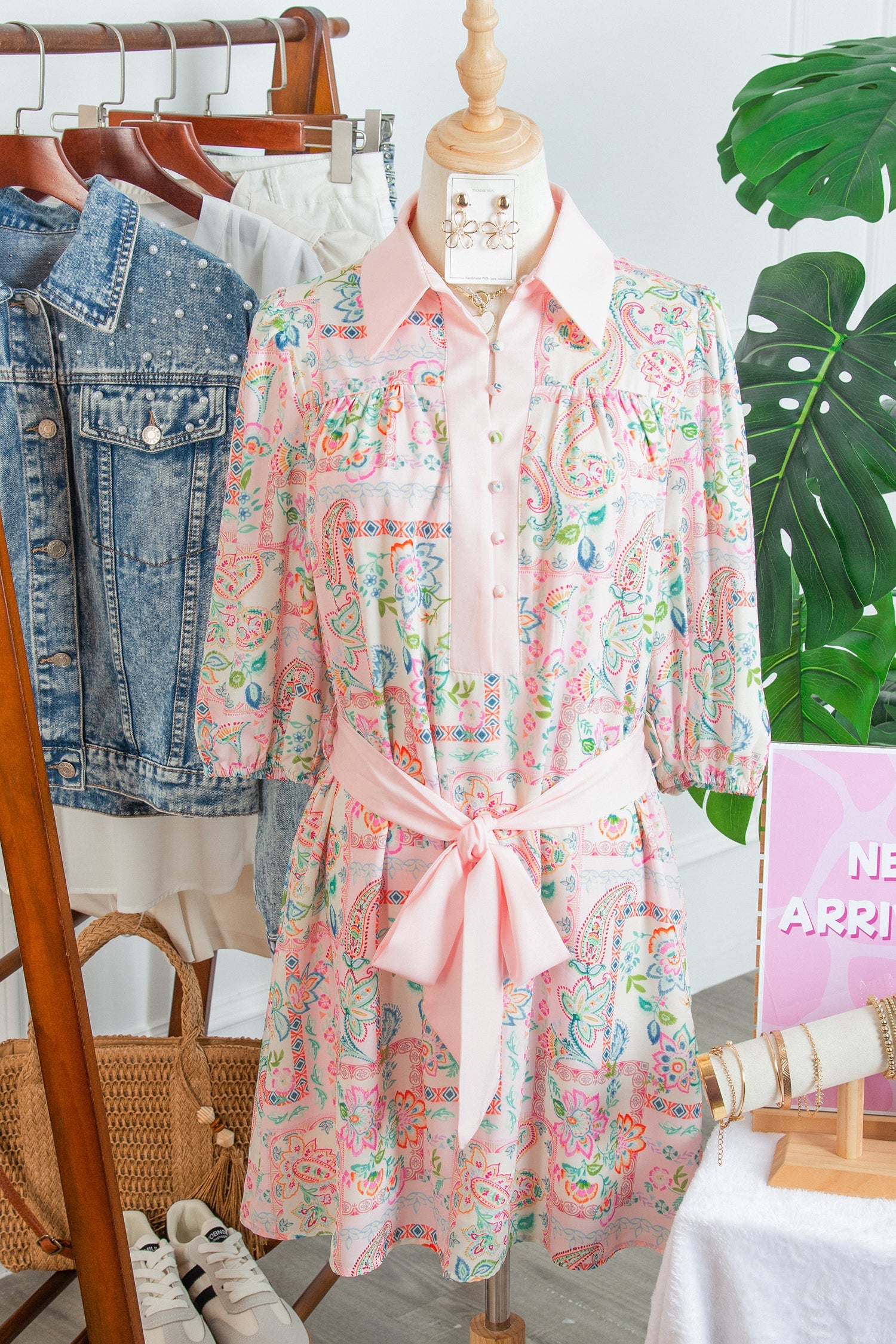 Boho Floral Colorblock 3/4 Sleeve Belted Mini Dress