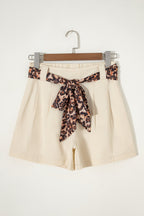 Leopard Contrast Belt Pleated Wide Leg Shorts