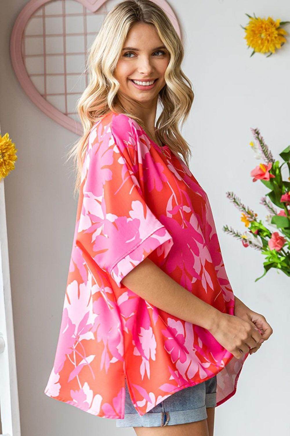 First Love Slit Printed Round Neck Half Sleeve Blouse - VacationGrabs