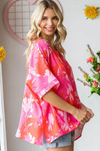 First Love Slit Printed Round Neck Half Sleeve Blouse - VacationGrabs