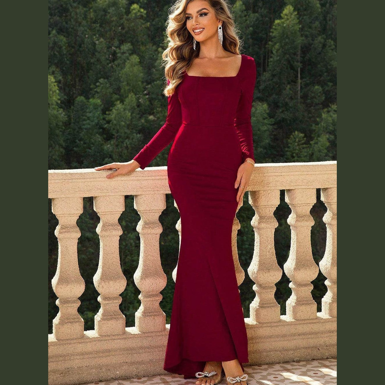 Square Neck Long Sleeve Dress - VacationGrabs