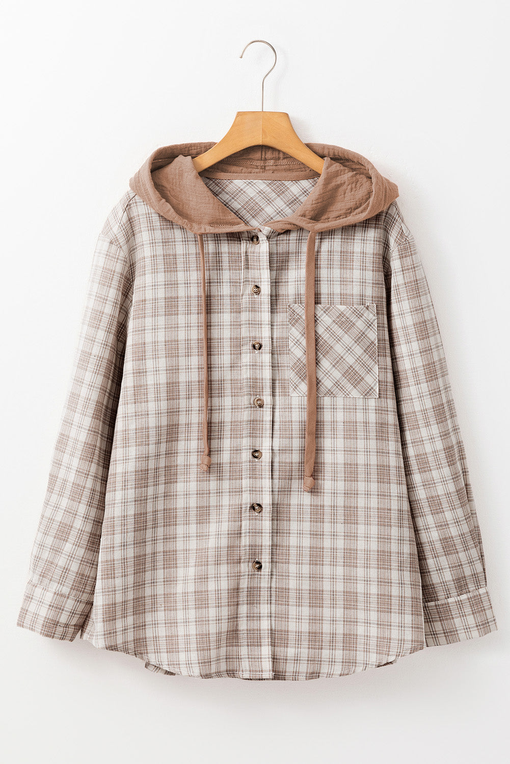 Women's Shirts - ShacketsKhaki Checkered Print Loose Fit Buttoned Hooded Shacket - VacationGrabs