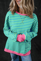 Sky Blue Stripe Oversized Contrast Trim Pullover Sweatshirt - VacationGrabs