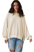 Women's ShirtsWhite Waffle knit Bishop Sleeve Split Oversized Top - VacationGrabs