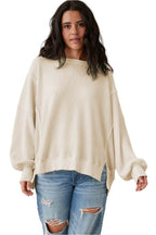 White Waffle knit Bishop Sleeve Split Oversized Top - VacationGrabs