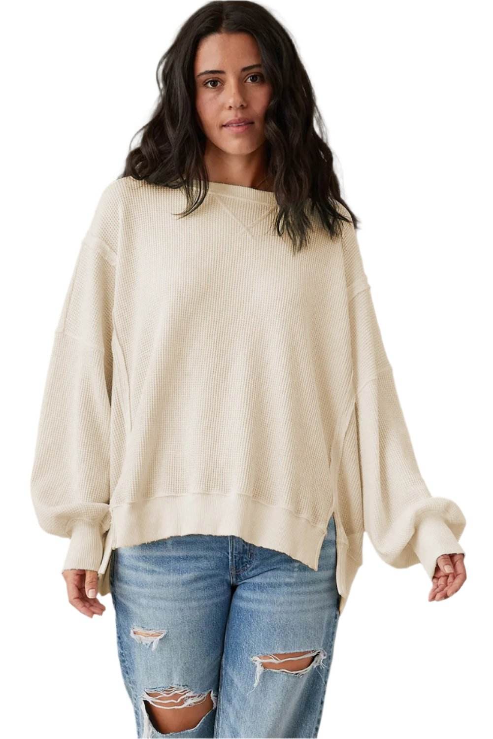 White Waffle knit Bishop Sleeve Split Oversized Top - VacationGrabs