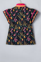 Floral Contrast Trim Tiered Ruffle Short Sleeve Blouse