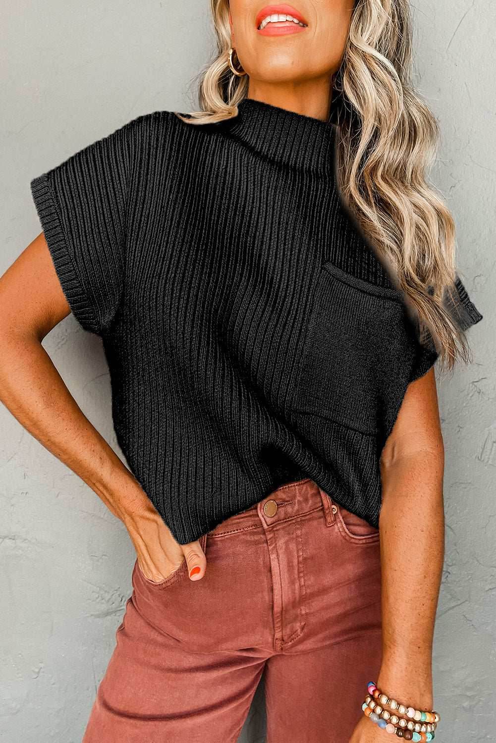 Black Patch Pocket Ribbed Knit Short Sleeve Sweater - VacationGrabs