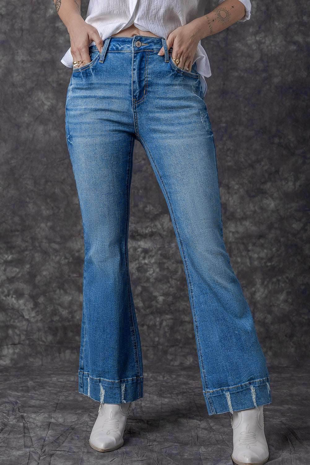 Sky Blue Slight Distressed Medium Wash Flare Jeans - VacationGrabs