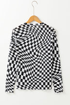 Long sleeve checkerboard shirt women with a unique distorted pattern in black and white