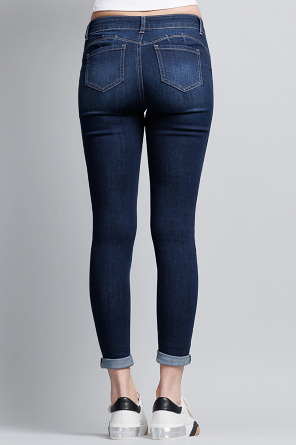 Mid Rise Push Up Roll Cuffed Ankle Skinny Jeans