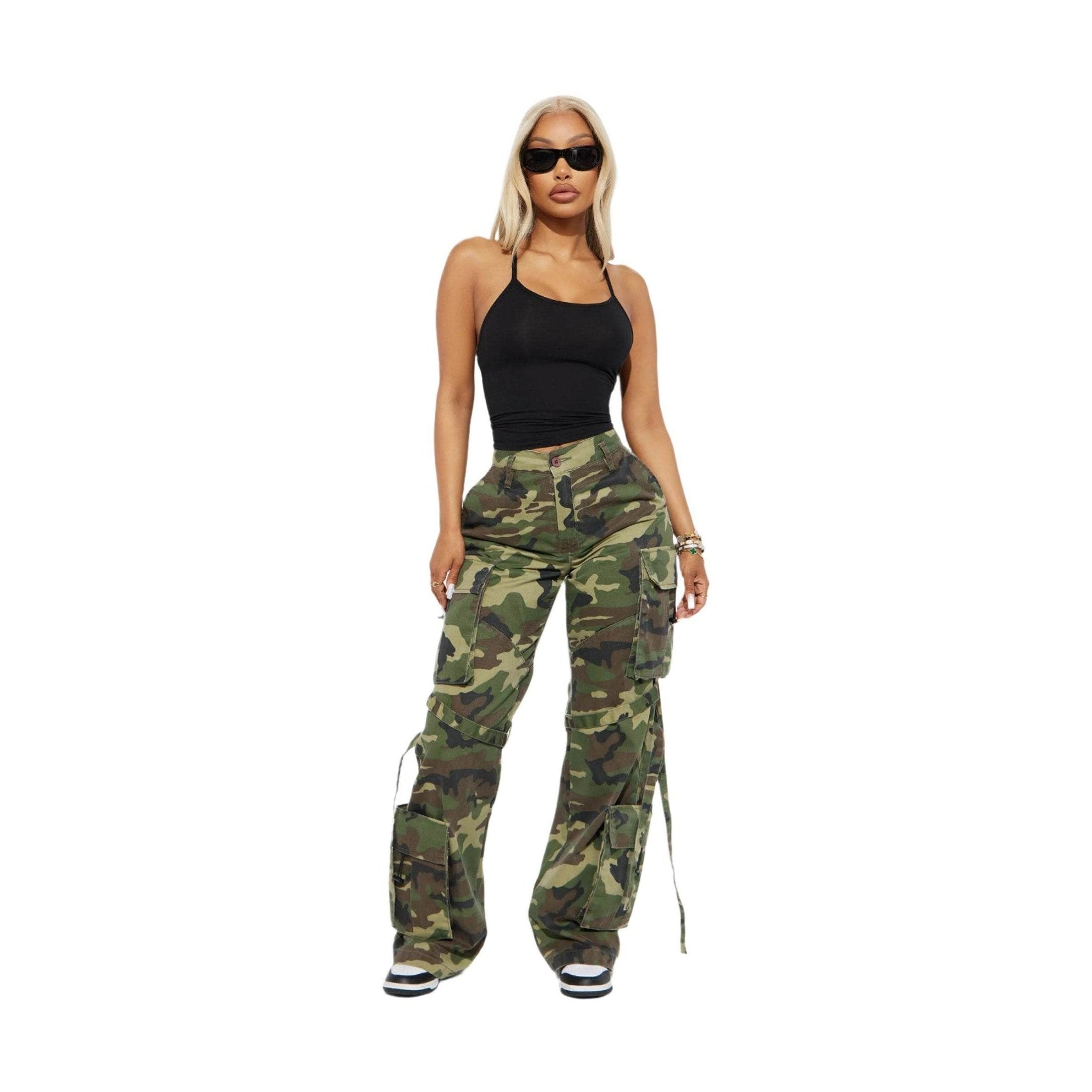 Womens Camo Cargo Pants - Olive/Combo - VacationGrabs
