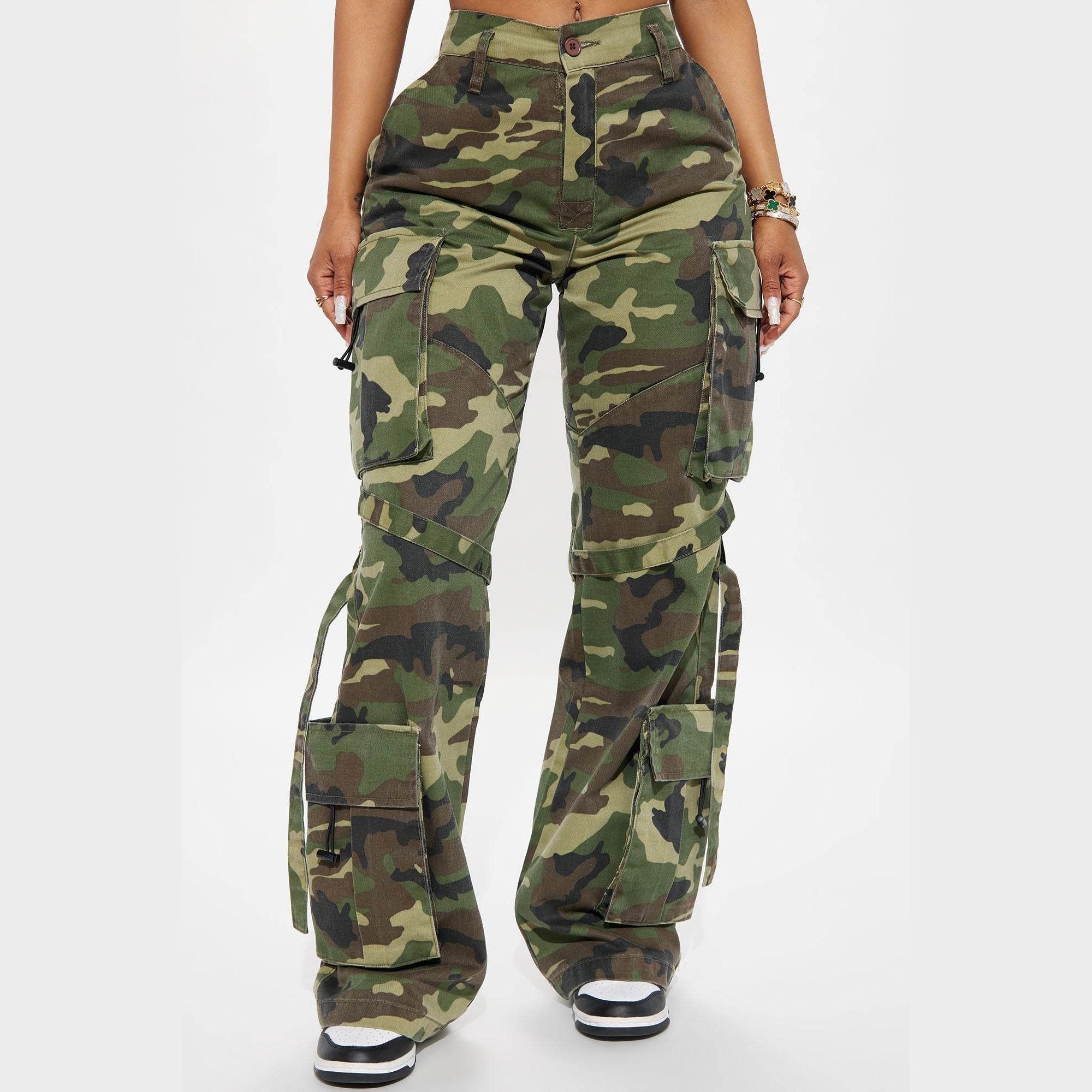 Womens Camo Cargo Pants - Olive/Combo - VacationGrabs