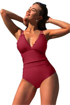 Scalloped V Neck Cut Out Monokini Swimwear - VacationGrabs