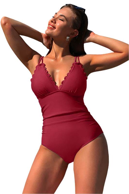 Scalloped V Neck Cut Out Monokini Swimwear - VacationGrabs