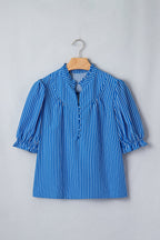 Stripe Ruffle Puff Sleeve Button Front Blouse