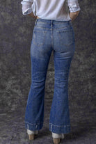 Sky Blue Slight Distressed Medium Wash Flare Jeans - VacationGrabs