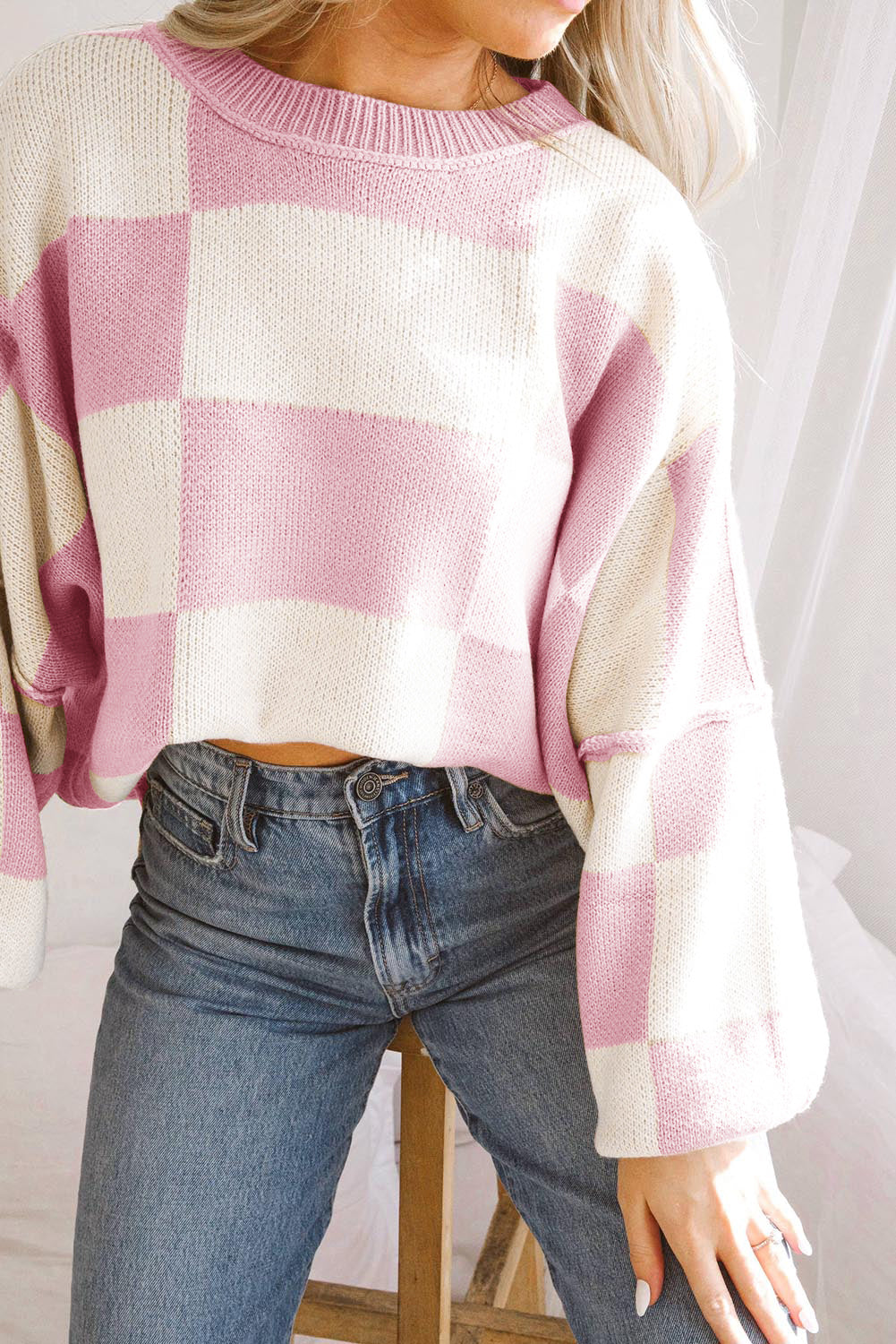 Women's SweatersPink Checkered Bishop Sleeve Sweater - VacationGrabs